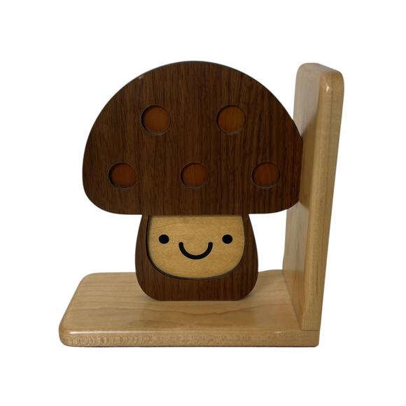 Graphic Spaces Mushroom Bookend Wood Smiling Face Kids Decor Handcrafted US - Picture 2 of 8